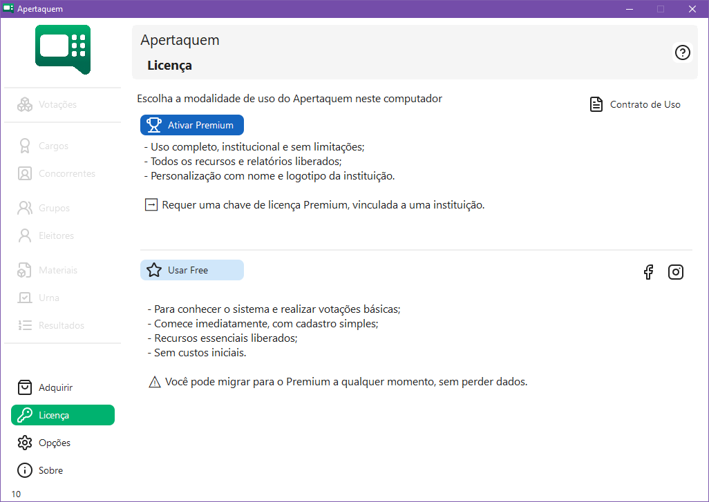 Tela Licença do Apertaquem com opções para Ativar Premium e Usar Free.