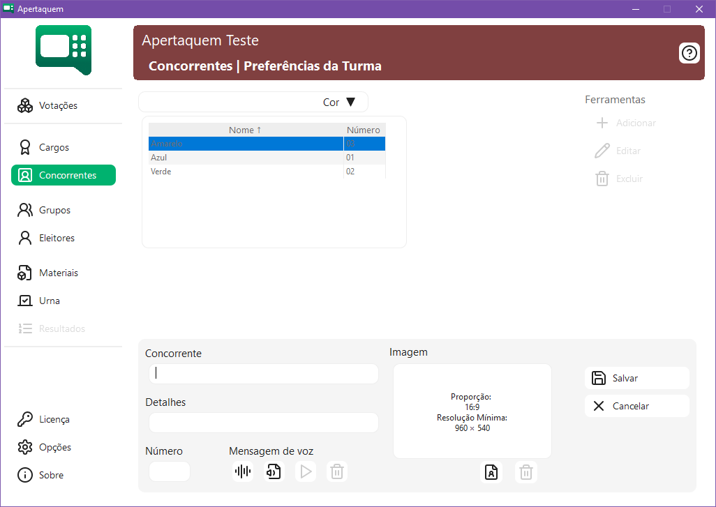 Tela Concorrentes do Apertaquem com letras indicando cargo, lista, ferramentas e dados do concorrente.