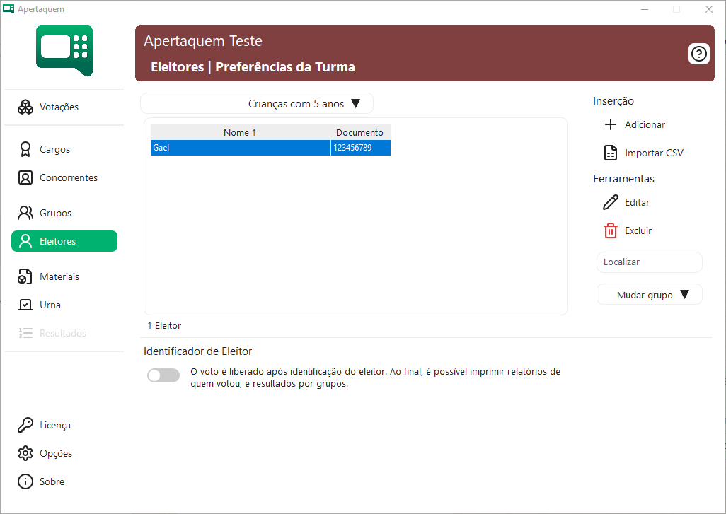 Tela Eleitores do Apertaquem com letras indicando identificador, grupo, lista, ferramentas e importação CSV.
