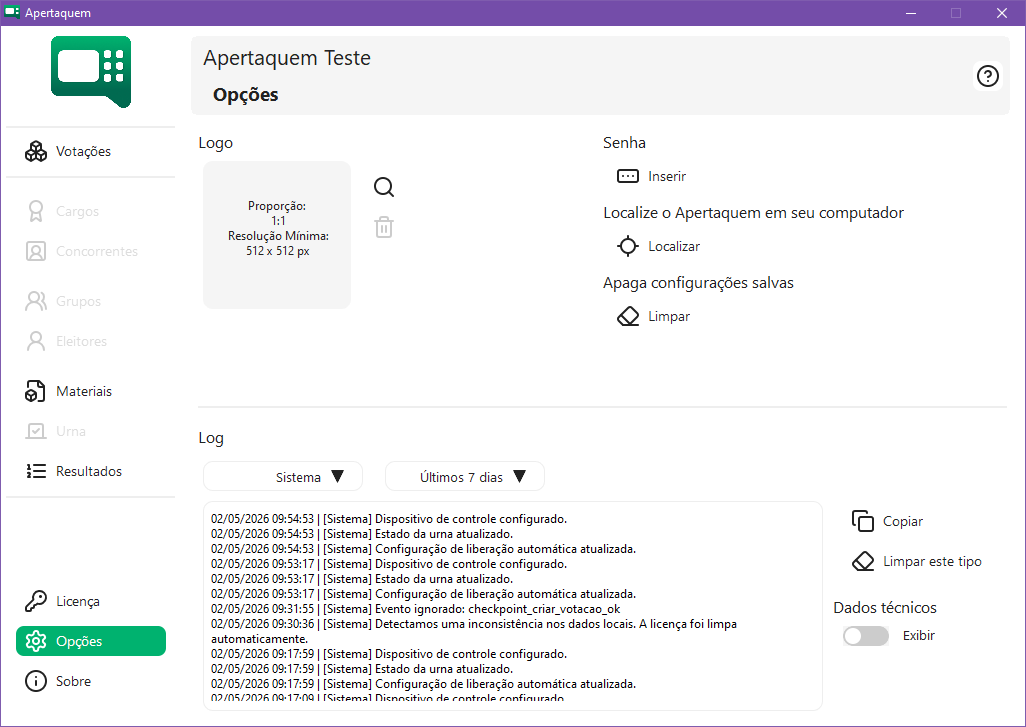 Tela Opções do Apertaquem com letras indicando logo, senha, localização, log e dados técnicos.