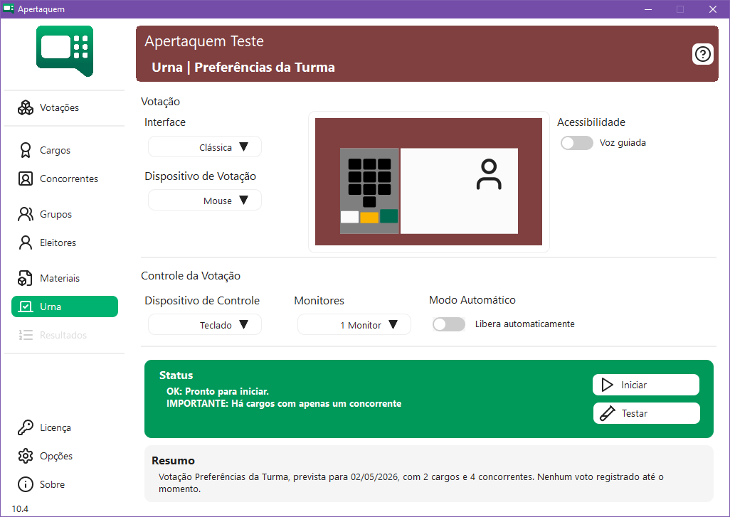 Tela Urna do Apertaquem com letras indicando interface, dispositivos, voz, monitores e início da votação.